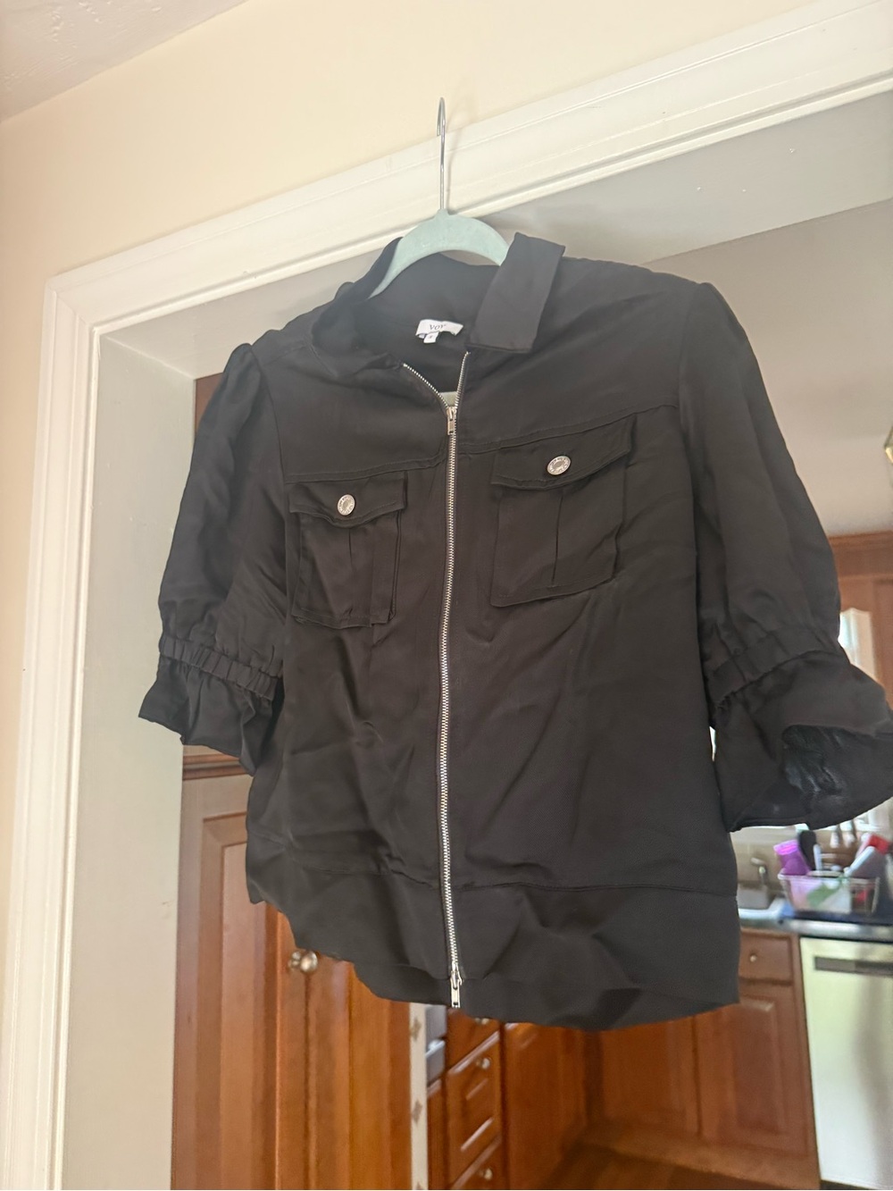VOY Black Utility Jacket Puff Sleeve Silver Zip Size S